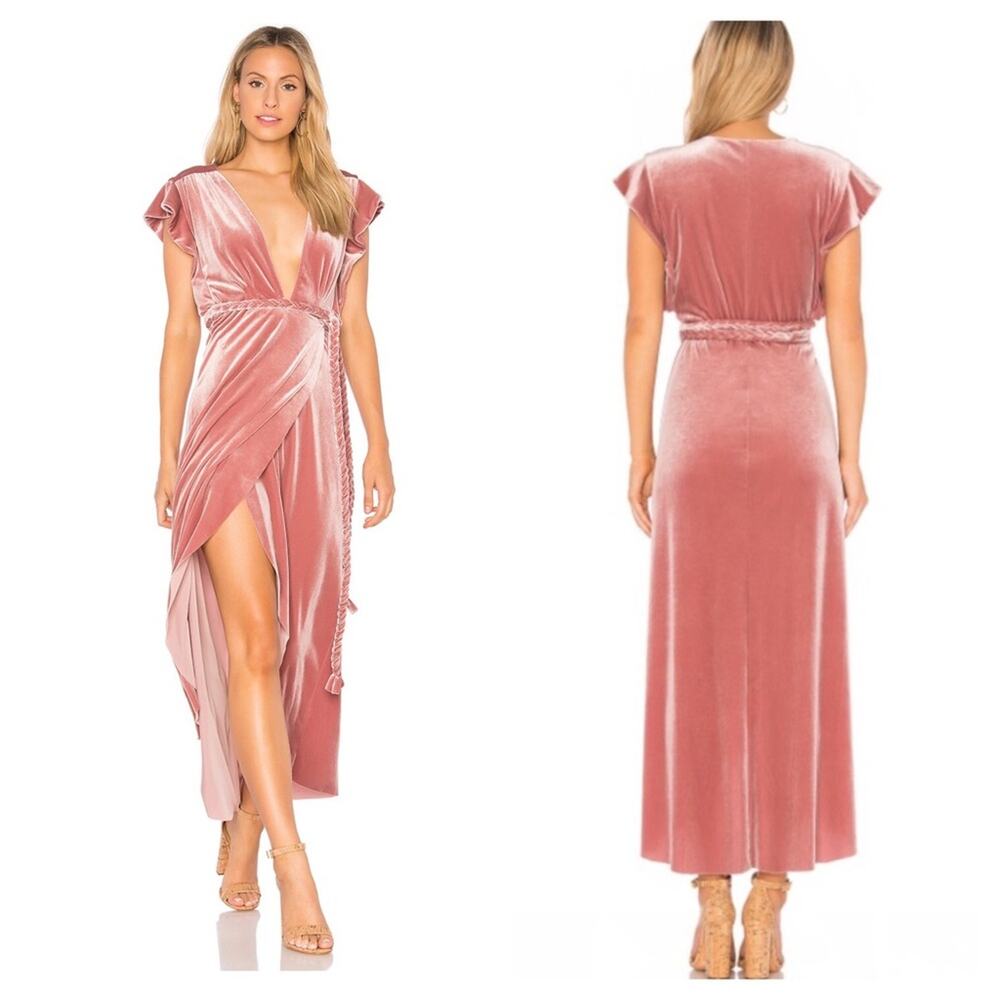 MISA Los Angeles Carolina Pink Crushed Velvet Ruffle Wrap Maxi Dress Small